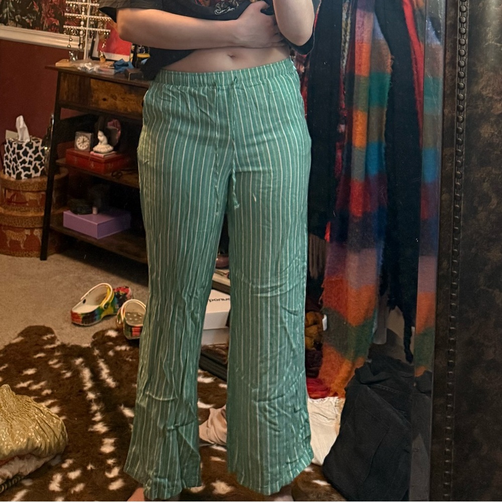 Stradivarius Green and White Striped Pant